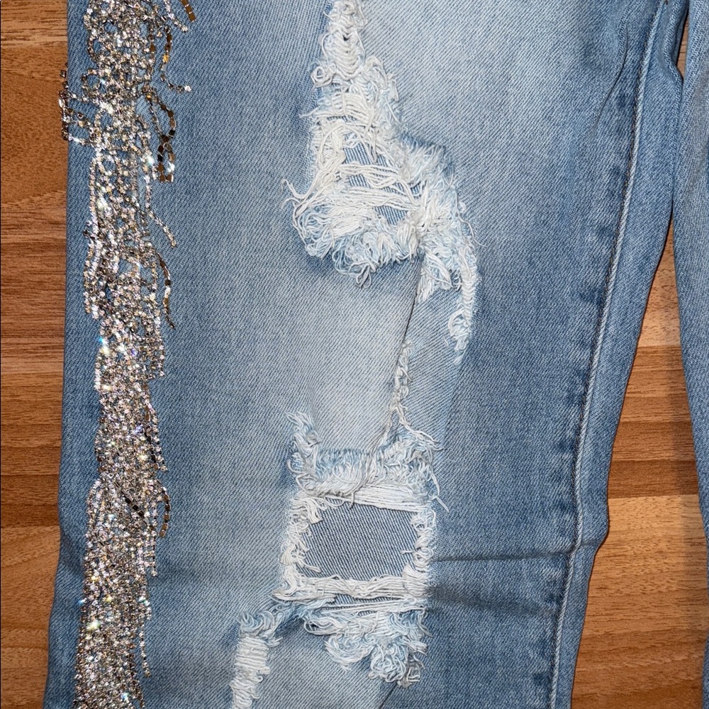 Distressed Blue Jeans with Bling Fringe Detail